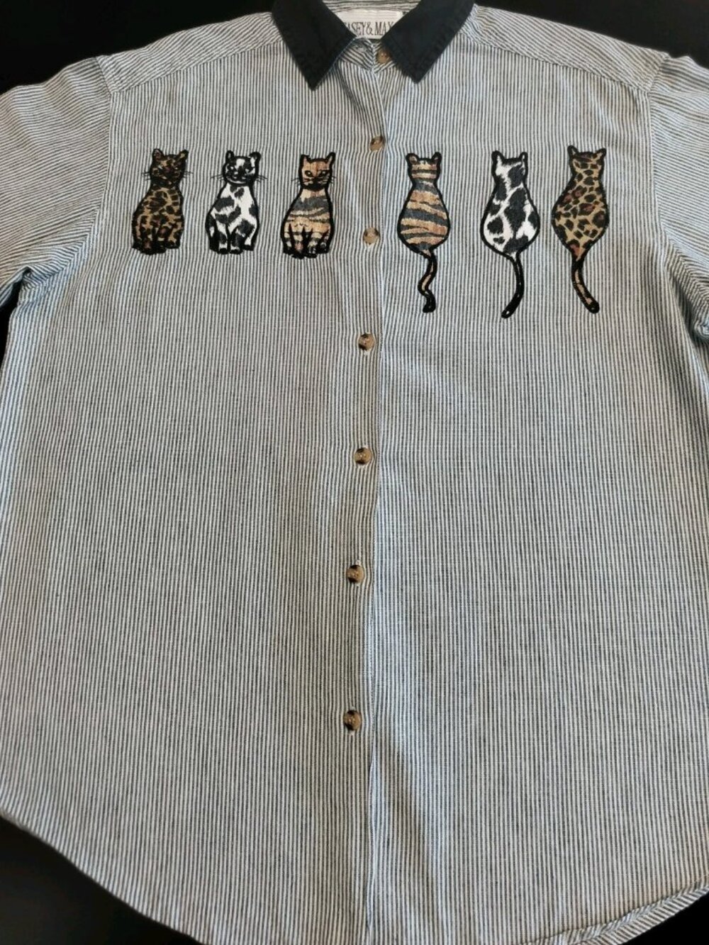 Vintage Casey & Max Striped Embroidered Shirt 2 Pieces Cottagecore Cats/Hearts M - Picture 3 of 16